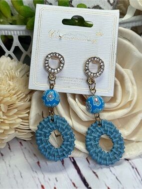 Blue Boho Floral Bead & Woven Hoop Dangle Earrings Rhinestone Studs NWT